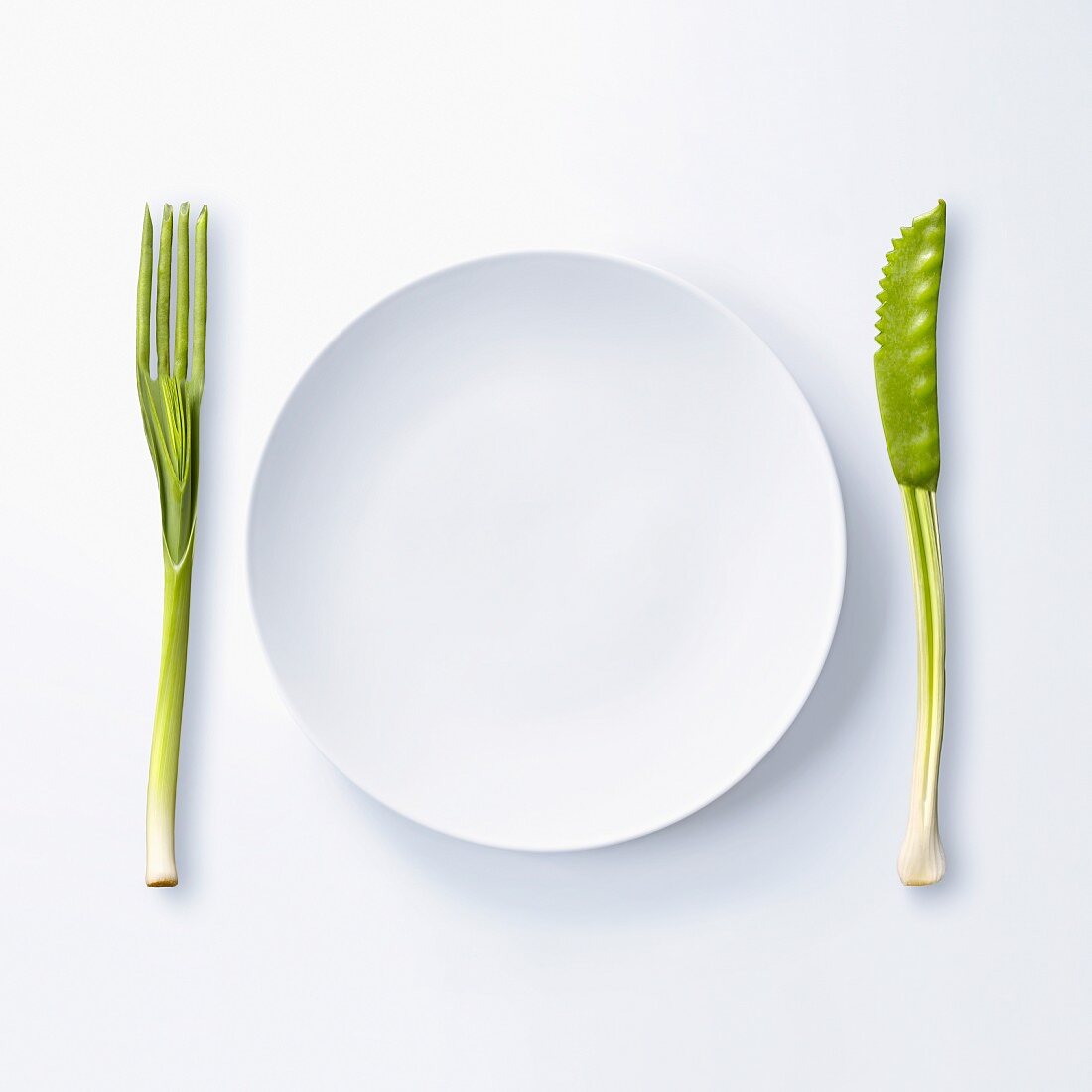 Empty plate and knife and fork made out of green vegetables