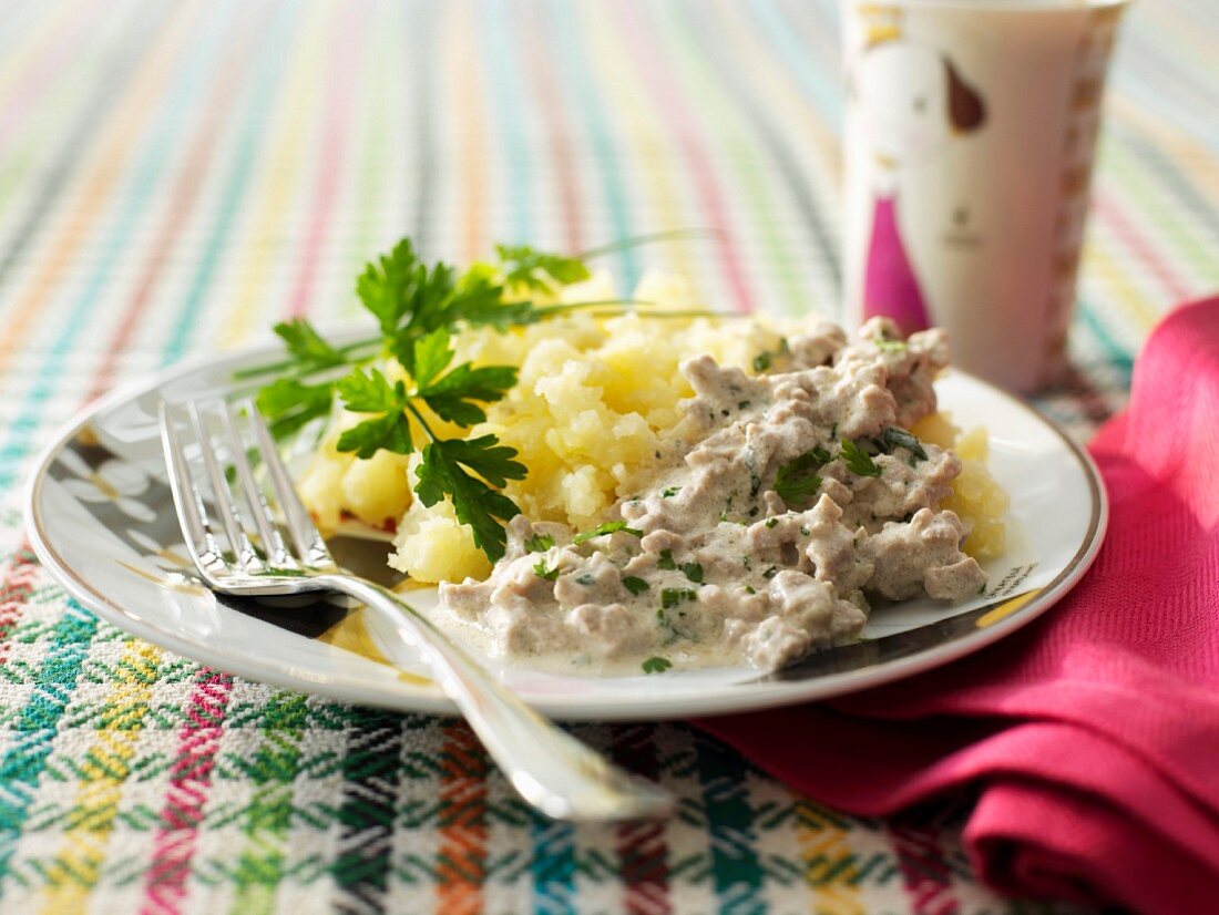 Minced veal in cream sauce with mashed potaoes