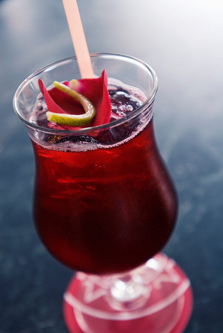 Hibiscus flower drink with rose petals