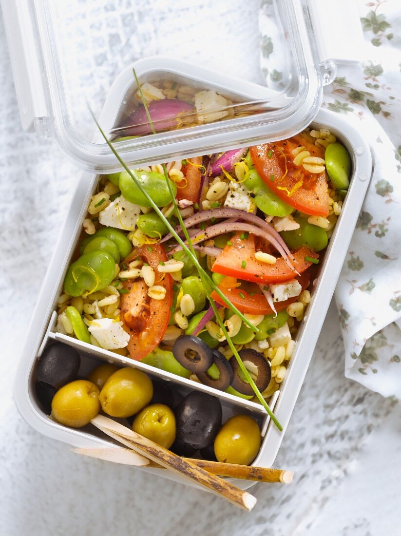 Feta,tomato,red onion,broad bean and lemon zest salad