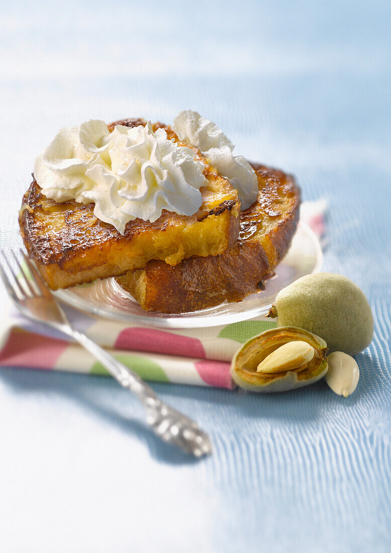French toast with almond-flavored whipped cream