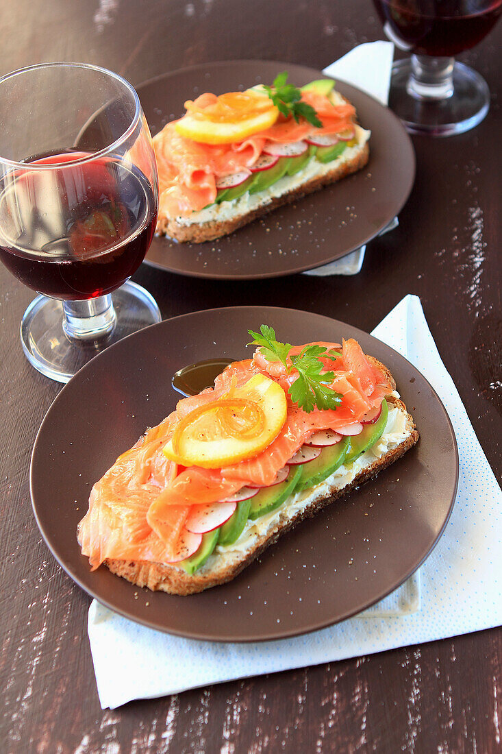 Smoked salmon,fromage frais and avocado Bruschetta