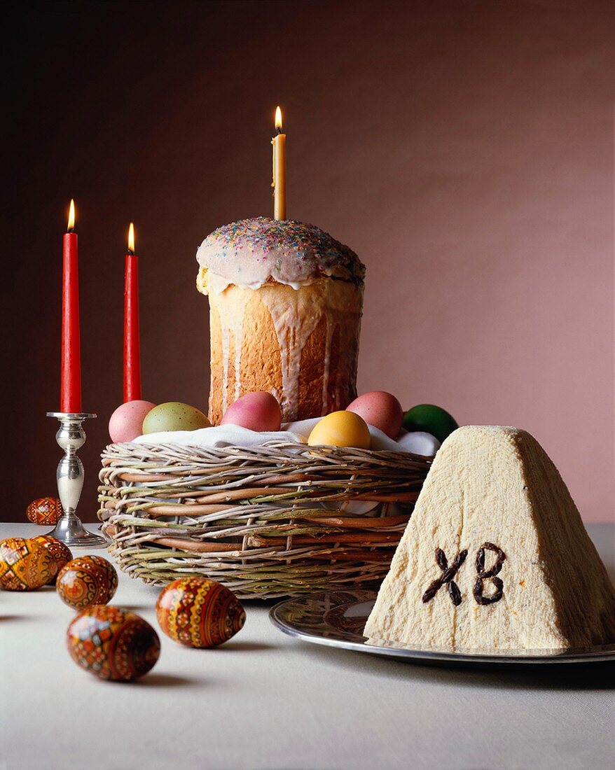 Russian Easter with Cake; Easter Eggs and Cheese