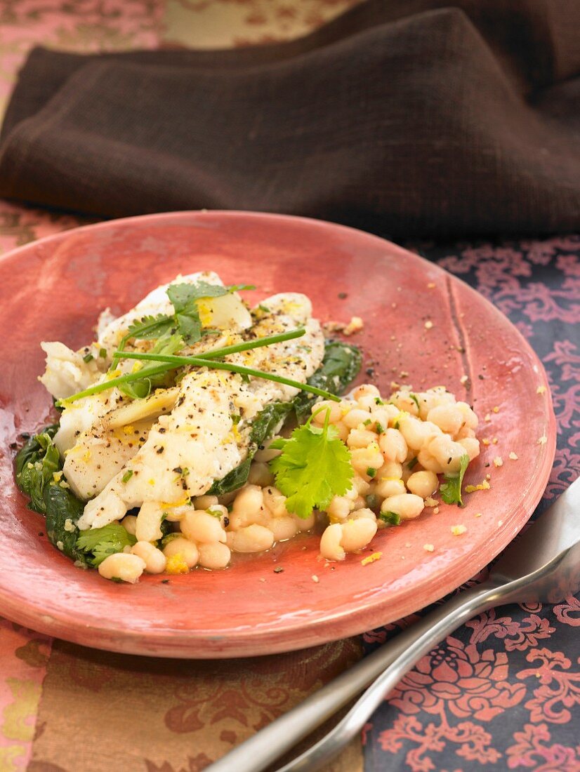 Salt-cod with spinach, white beans and fresh herbs