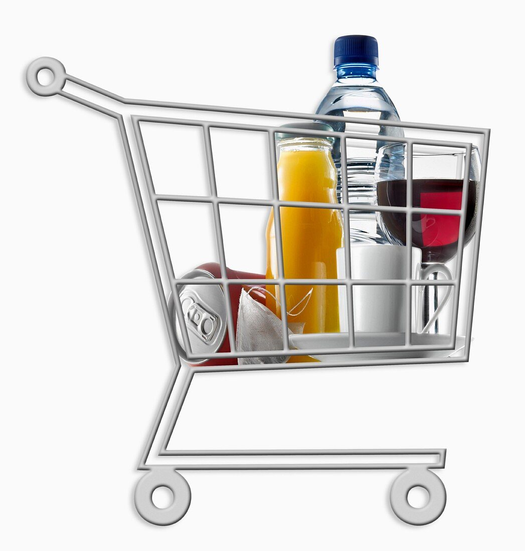Mini supermarket trolley full of assorted drinks