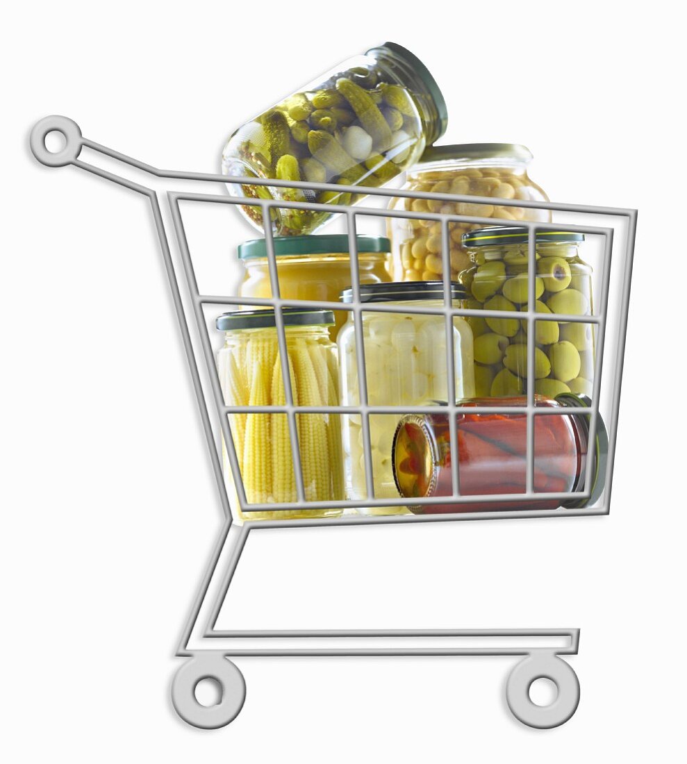 Mini supermarket trolley full of jars of preserved food