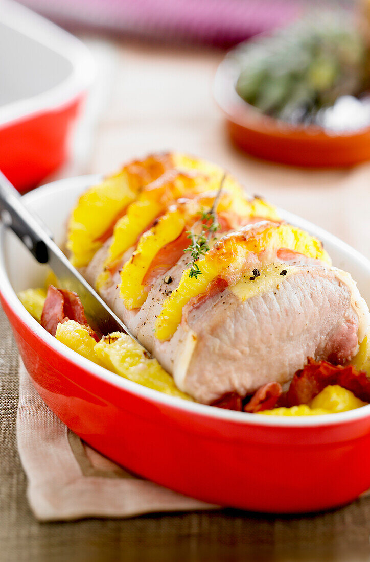 Roast pork with pineapple and bacon