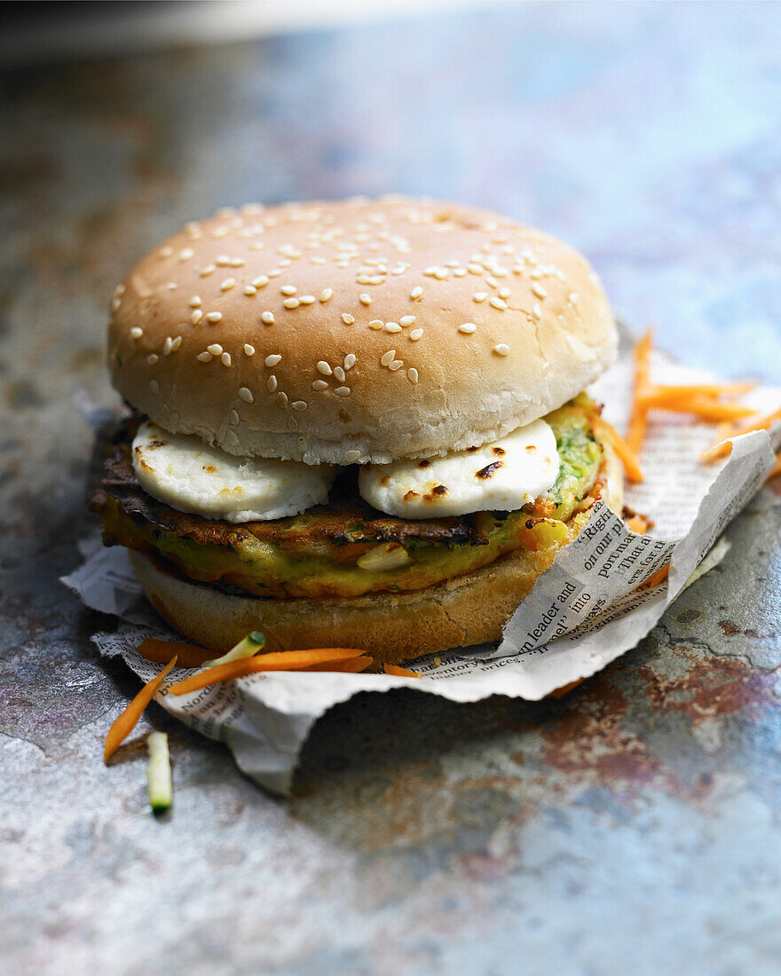 Vegetable fritter and goat's cheese burger