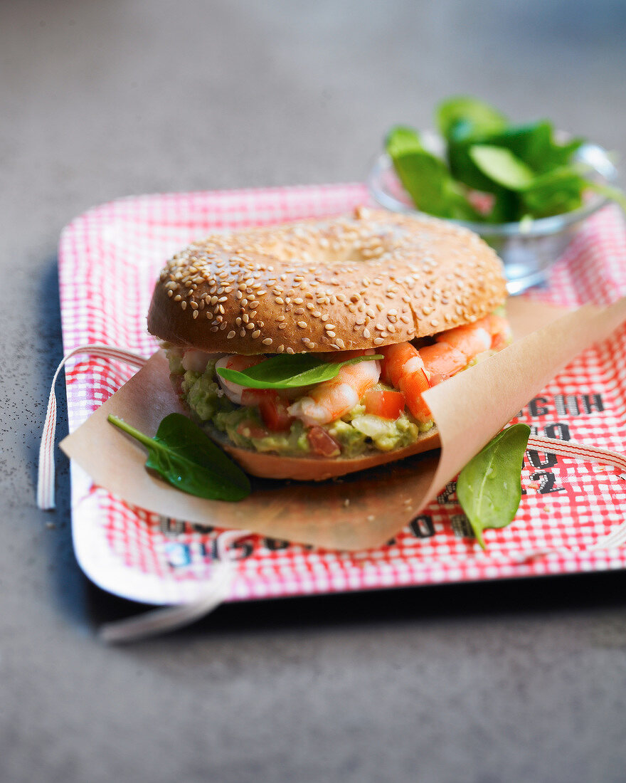 Shrimp, guacamole and spinach burger