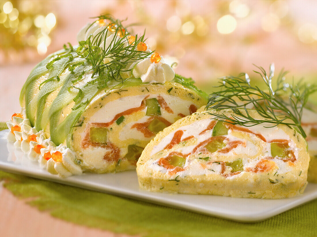 Omelette,salmon and goat's cheese savoury log cake