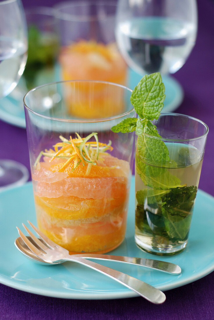 Citrus fruit Verrine, Rum syrup and mint infusion