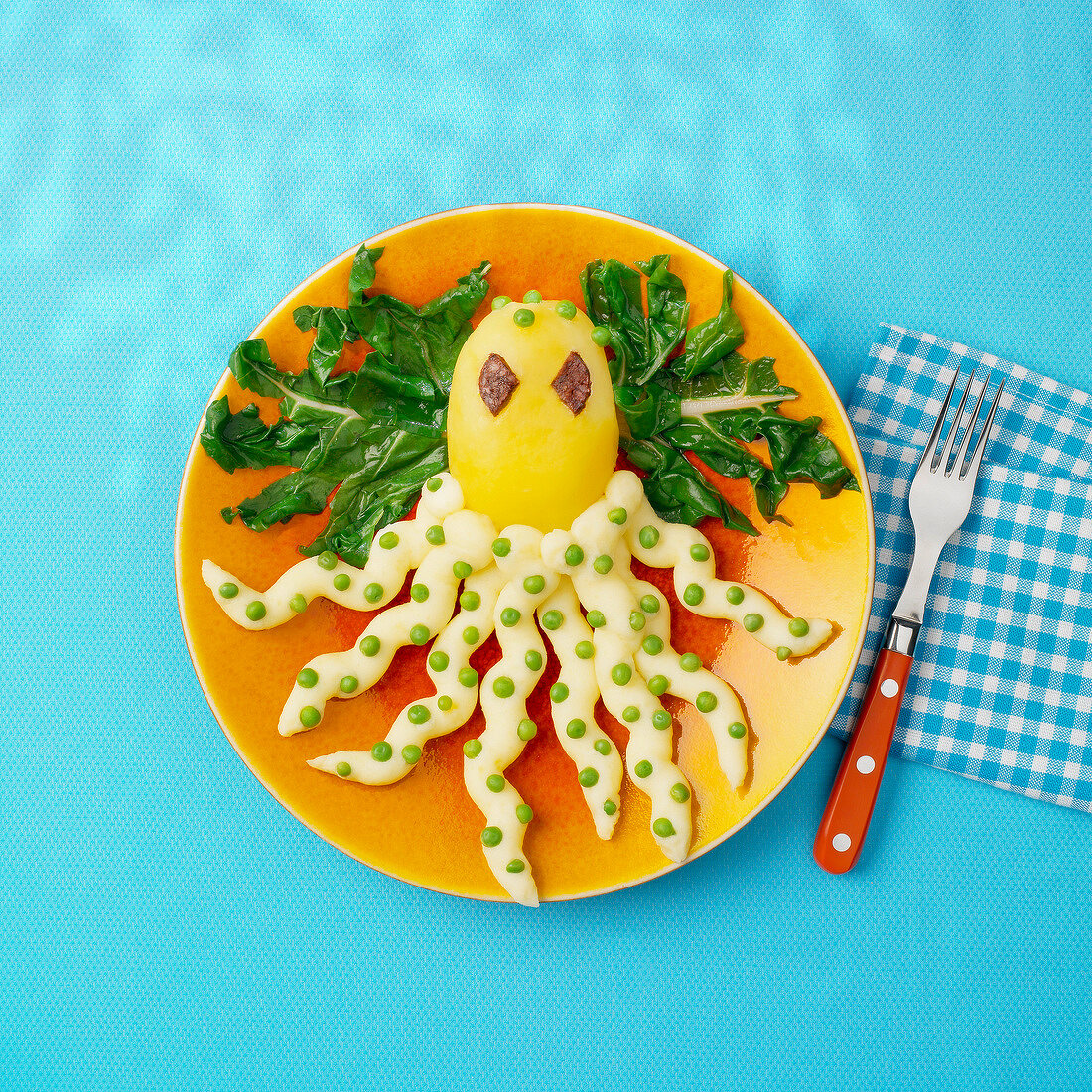 Octopus-shaped potato with Swiss chard