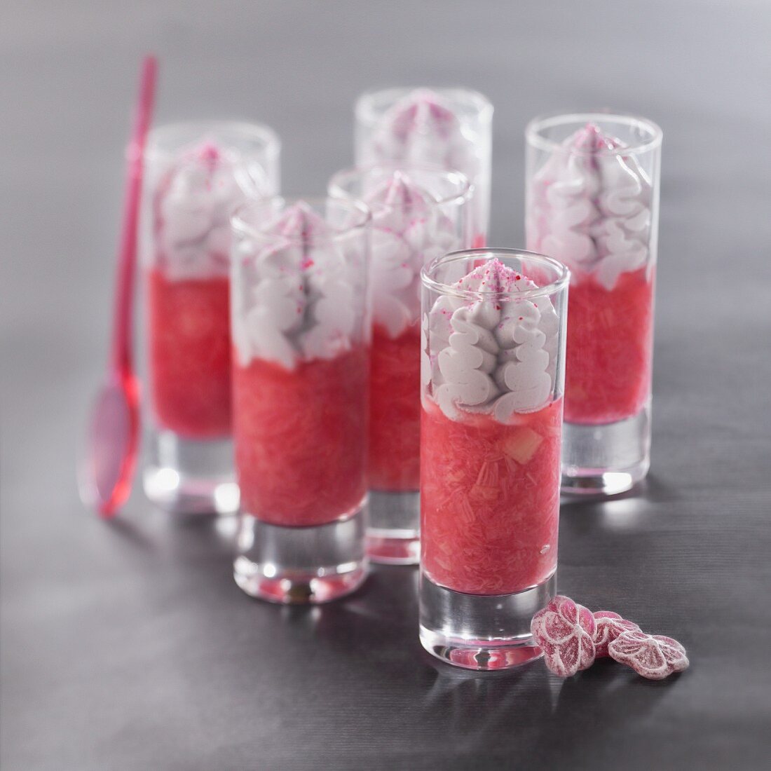 Rhubarb puree with violet-flavored whipped cream