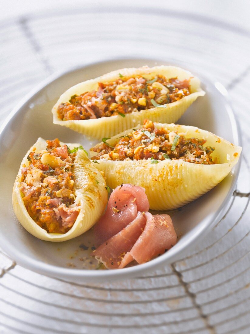 Conchiglie stuffed with raw ham,sun-dried tomatoes,pine nuts and basil