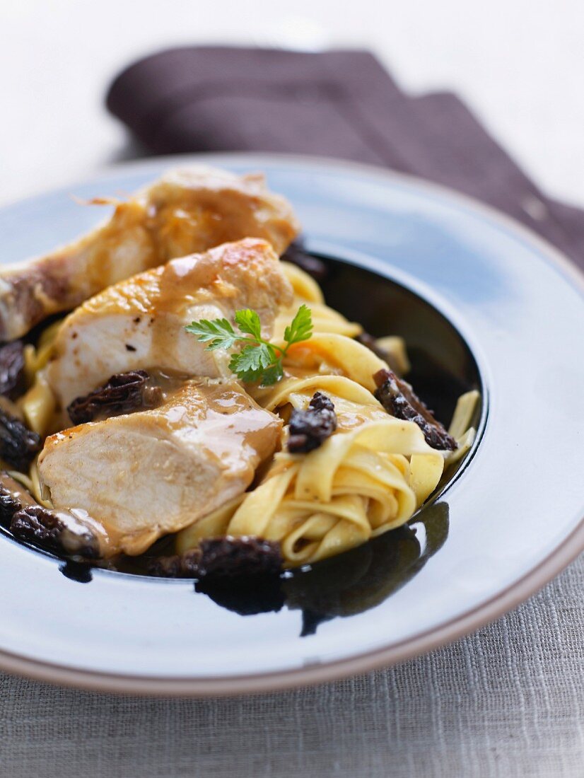 Yellow chicken from the south-west of France,tagliatelles with morels