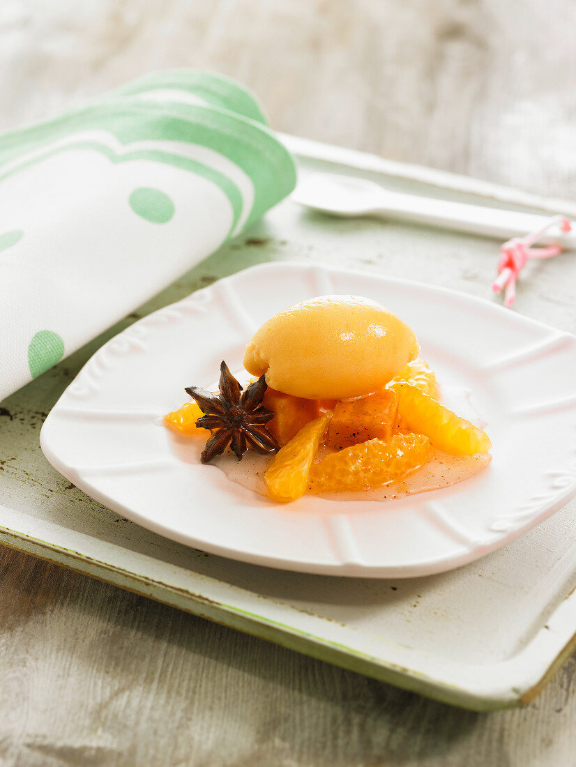 Sweet potato sorbet and mandarin oranges with Vodka