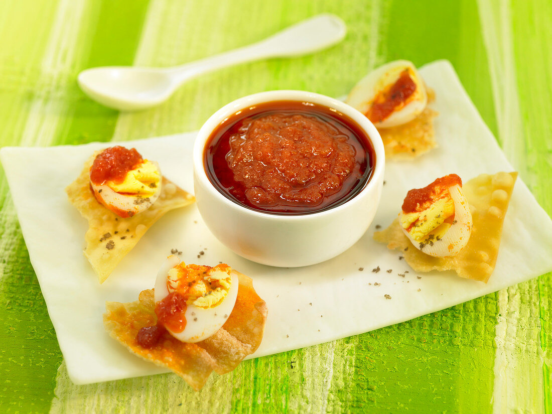 Tomato salsa with crispy egg appetizers