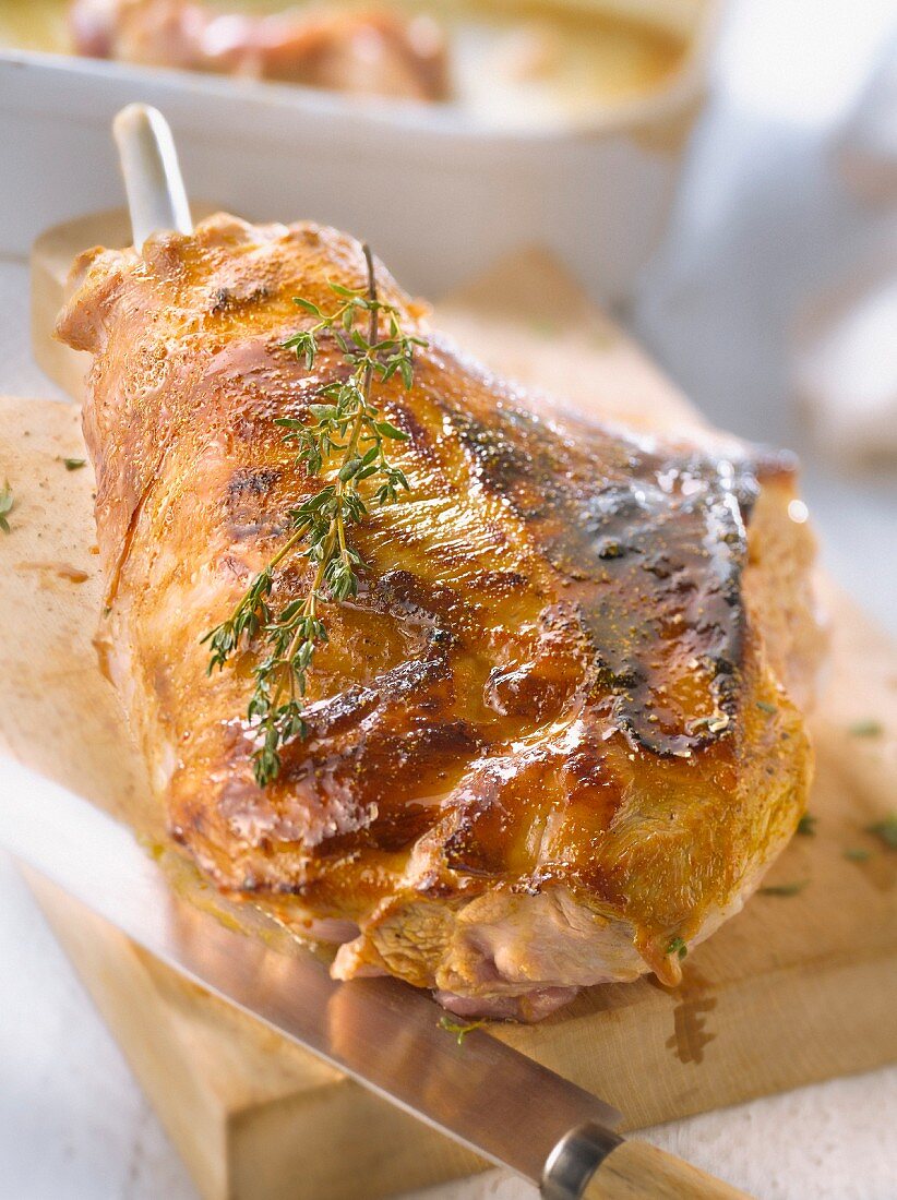 Leg of lamb roasted with honey,mustard and curry