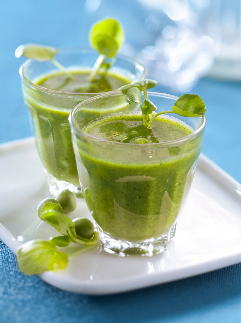 Chilled cream of pea and watercress soup