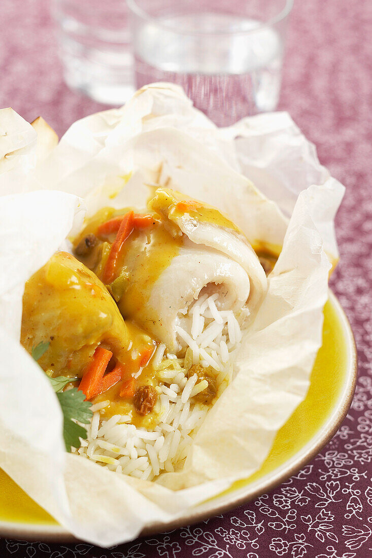 Rolled fish fillets cooked in wax paper with curry sauce