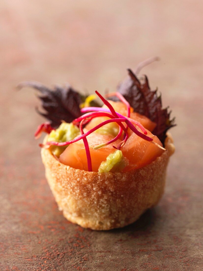 Salmon, shiso and beetroot sprout appetizer