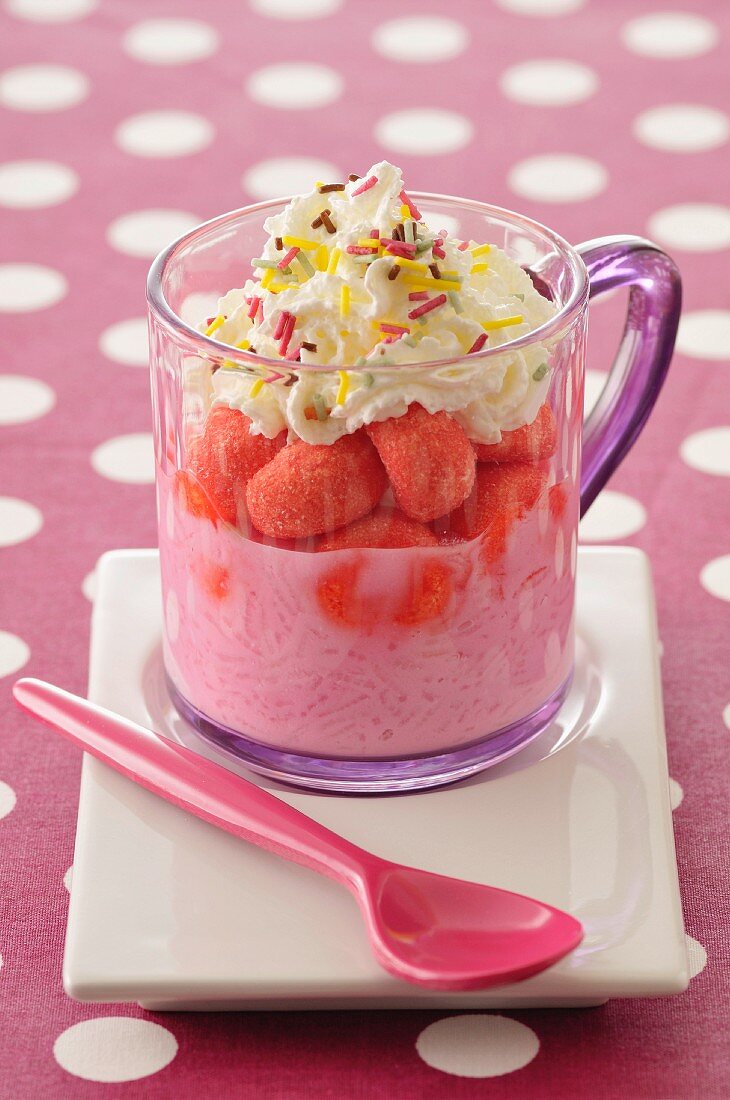 Marshmallow cream,strawberry Tagada candies and whipped cream Verrine