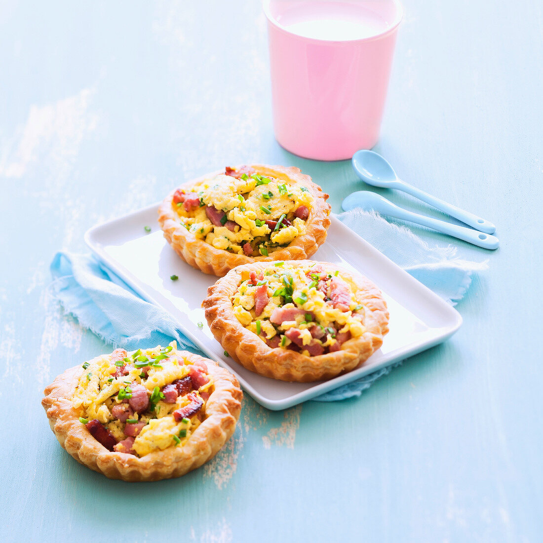 Scrambled egg and diced bacon tartlets