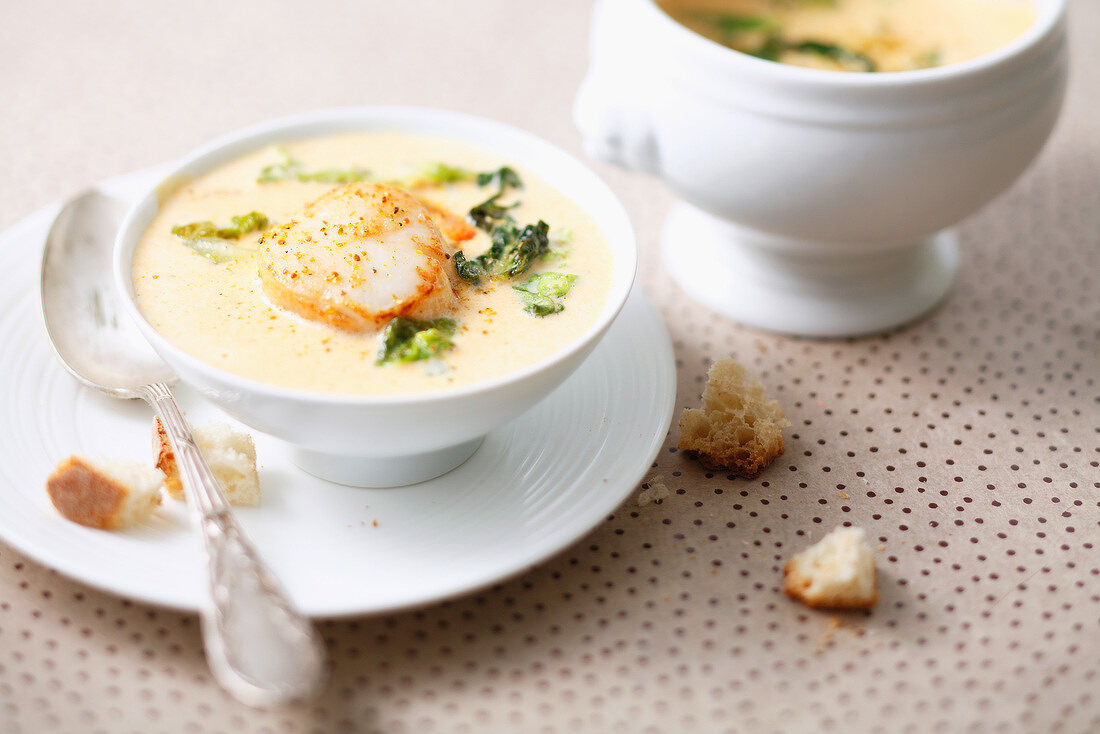 Cream of scallop soup with coconut milk and curry