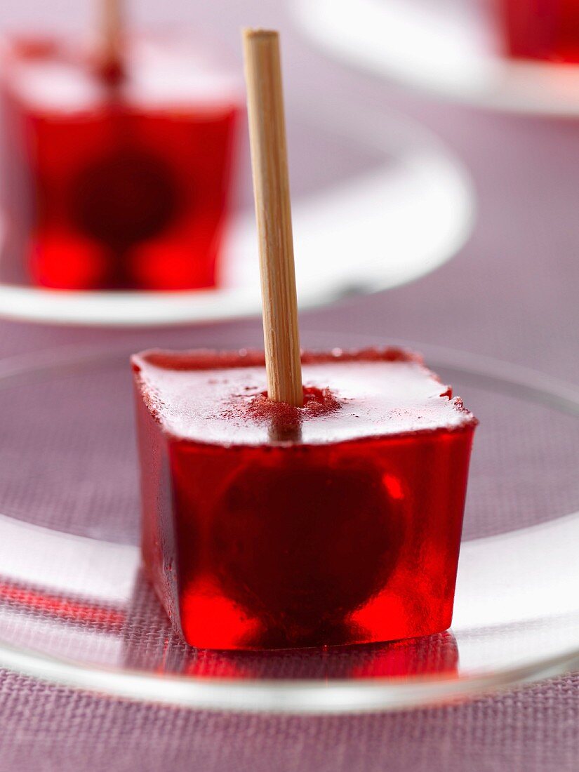 Cherry liqueur and small griotte cherry jelly cubes