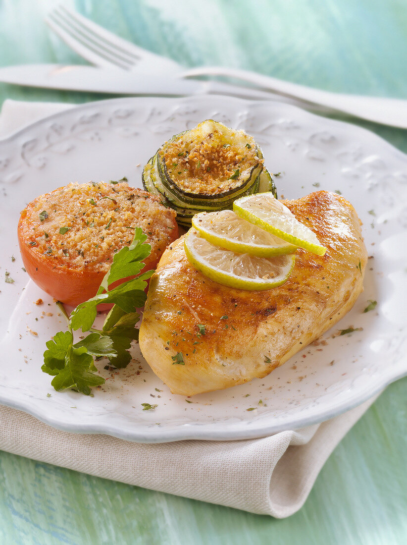 Marinierte Limetten-Hähnchenbrust mit überbackener Tomate und Zucchini