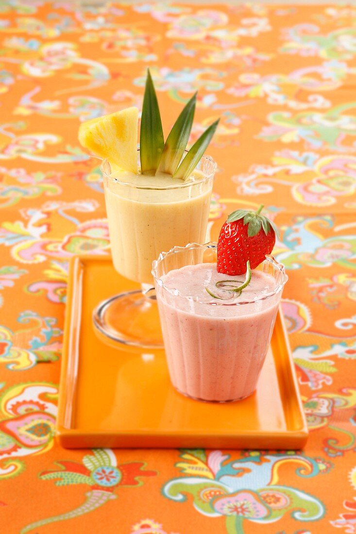 Banana-strawberry smoothie and a pineapple-vanilla smoothie