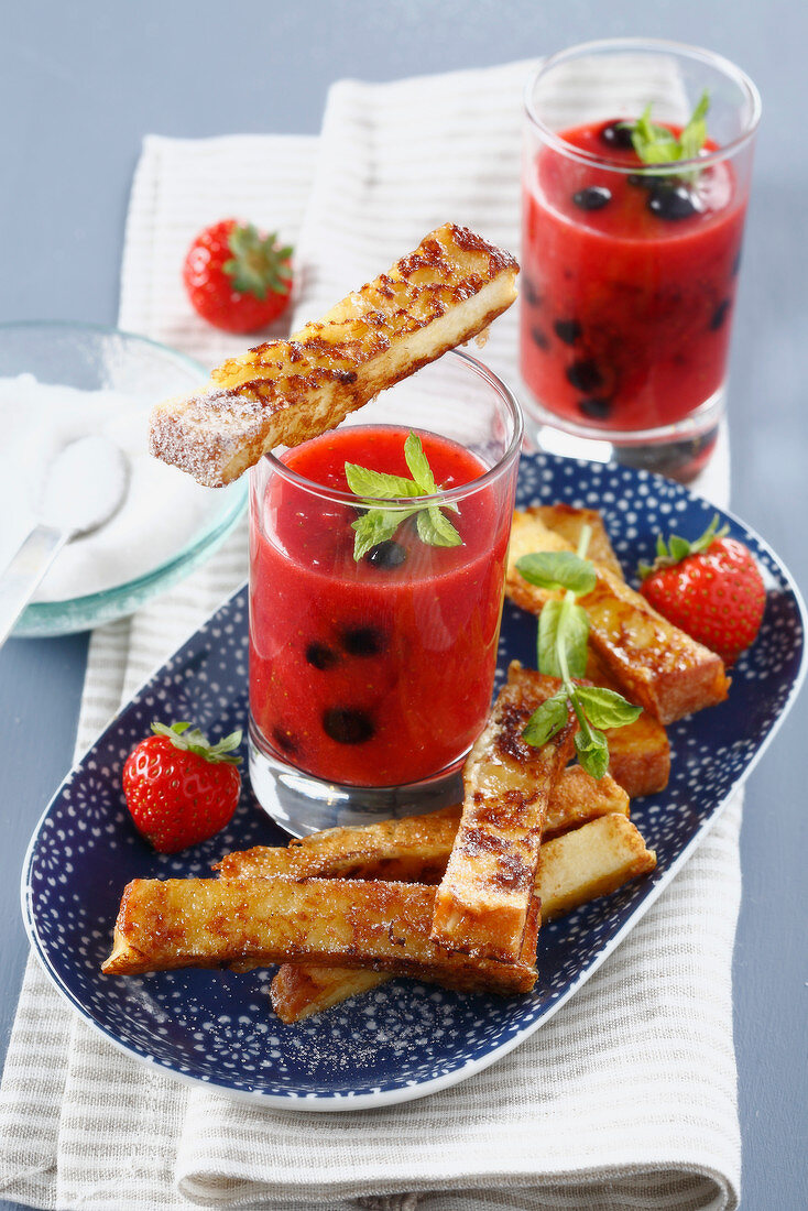 French toast and summer fruit soup with fresh mint