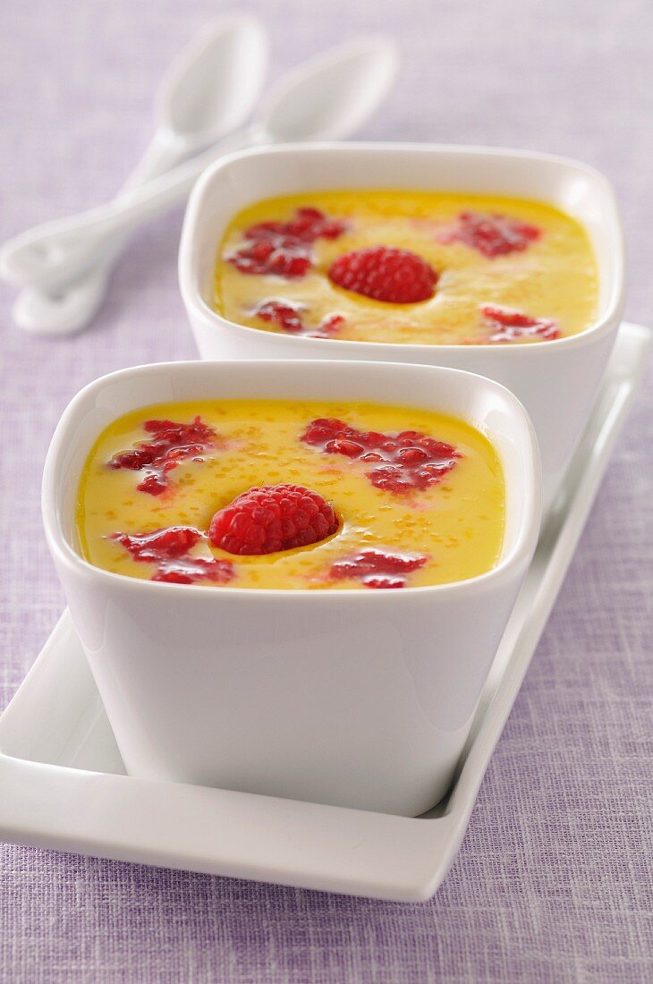 Custard wth raspberries