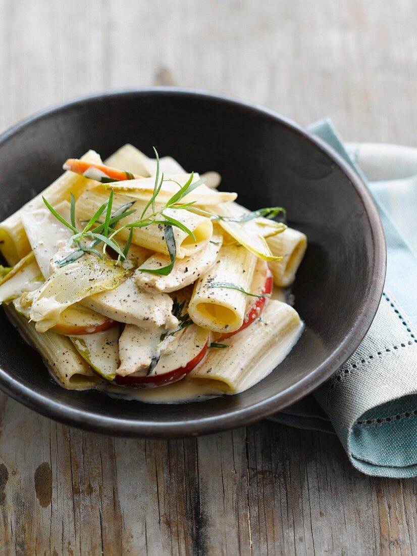 Pasta with chicken ,apples and chicory