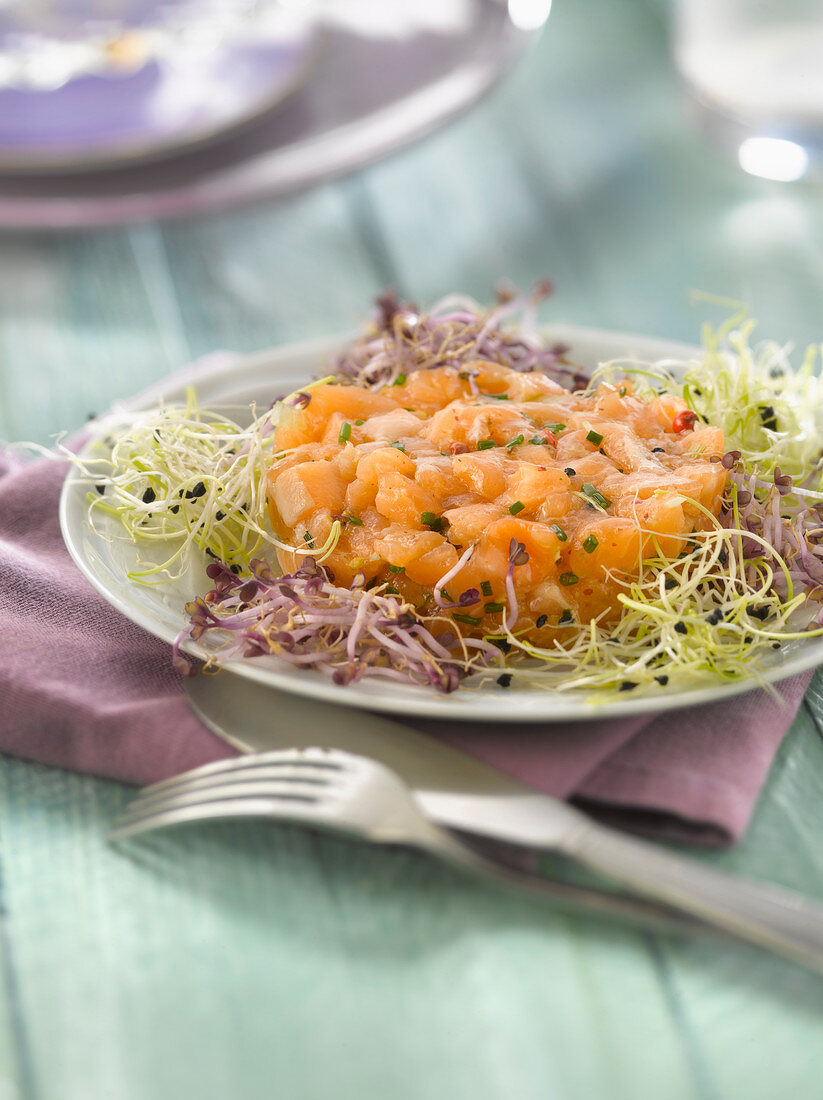 Salmon tartare with sprouts