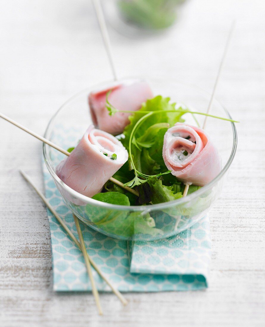 Boiled ham rolls with lettuce salad