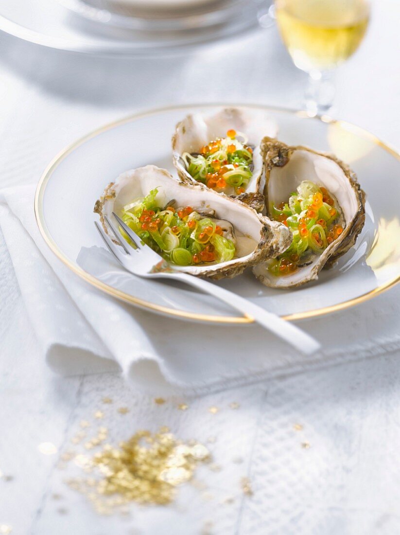 Oysters stuffed with leeks and trout roe