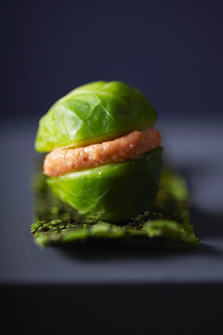 Brussels sprout and salmon tarama savoury macaroon