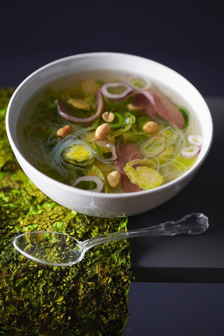 Brussels sprout broth with smoked duck magrets