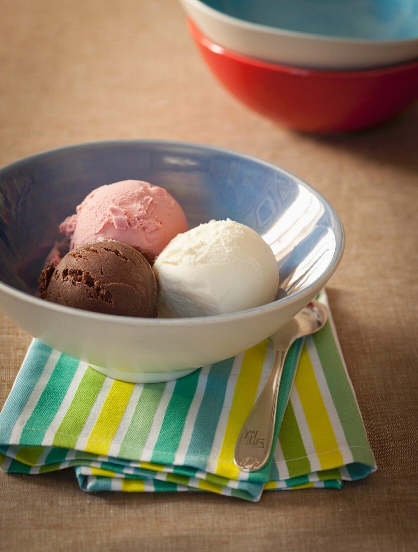 Scoop of vanilla, chocolate and strawberry ice cream