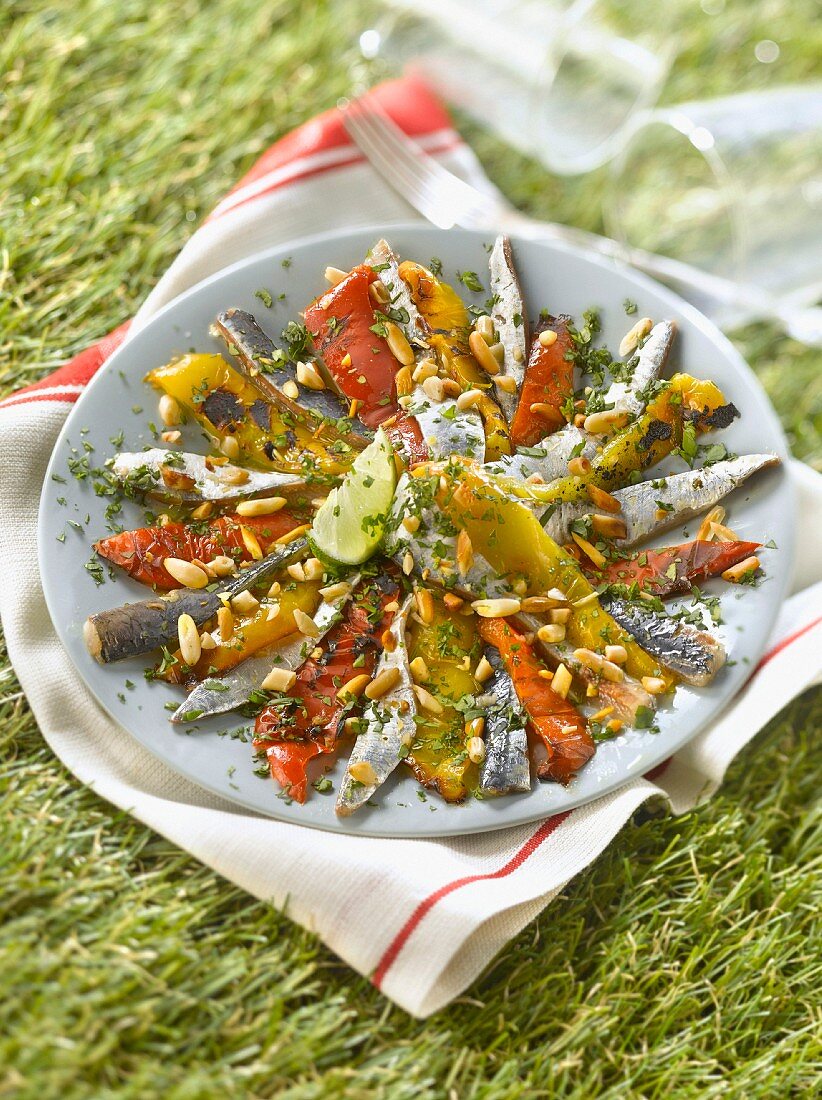 Grilled pepper, sardines marinated in lemon, cilantro and pine nut salad