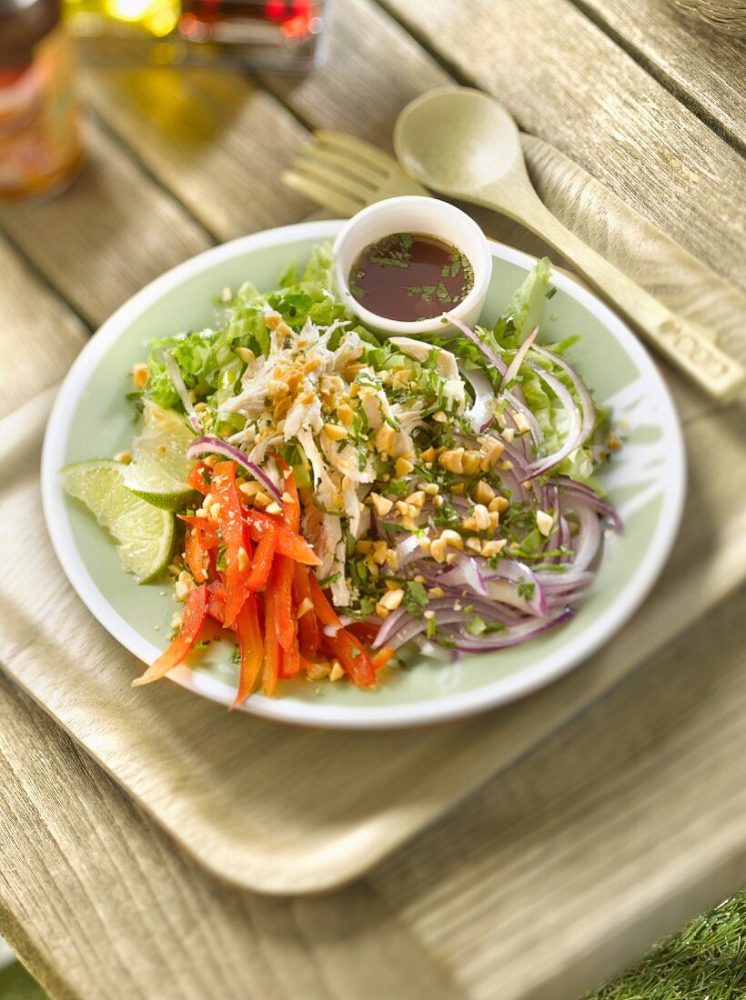 Thai-Salat mit Blattsalat, Paprika, Hähnchen, Minze, Erdnüssen und Nuoc-Mam-Fischsauce