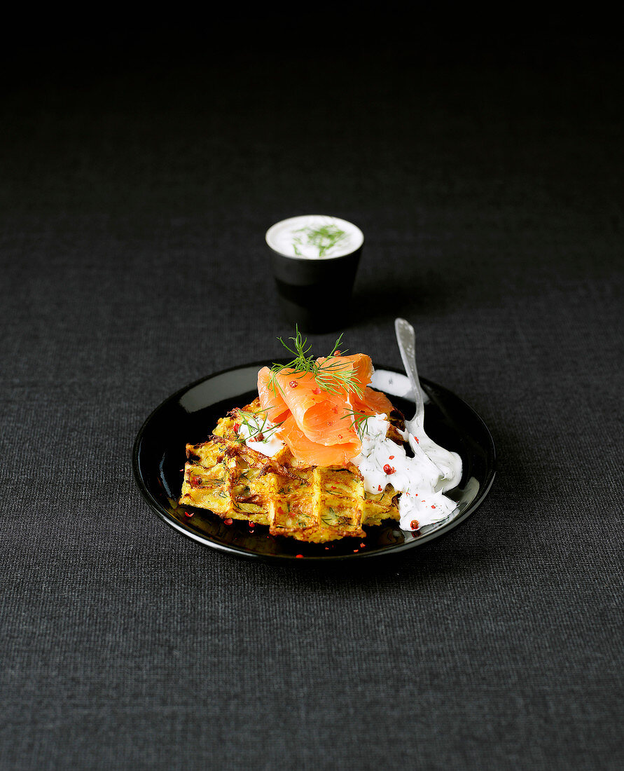 Potato waffles with smoked salmon