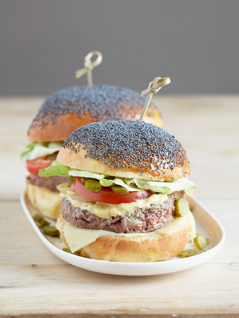 Hamburger in a poppyseed bun