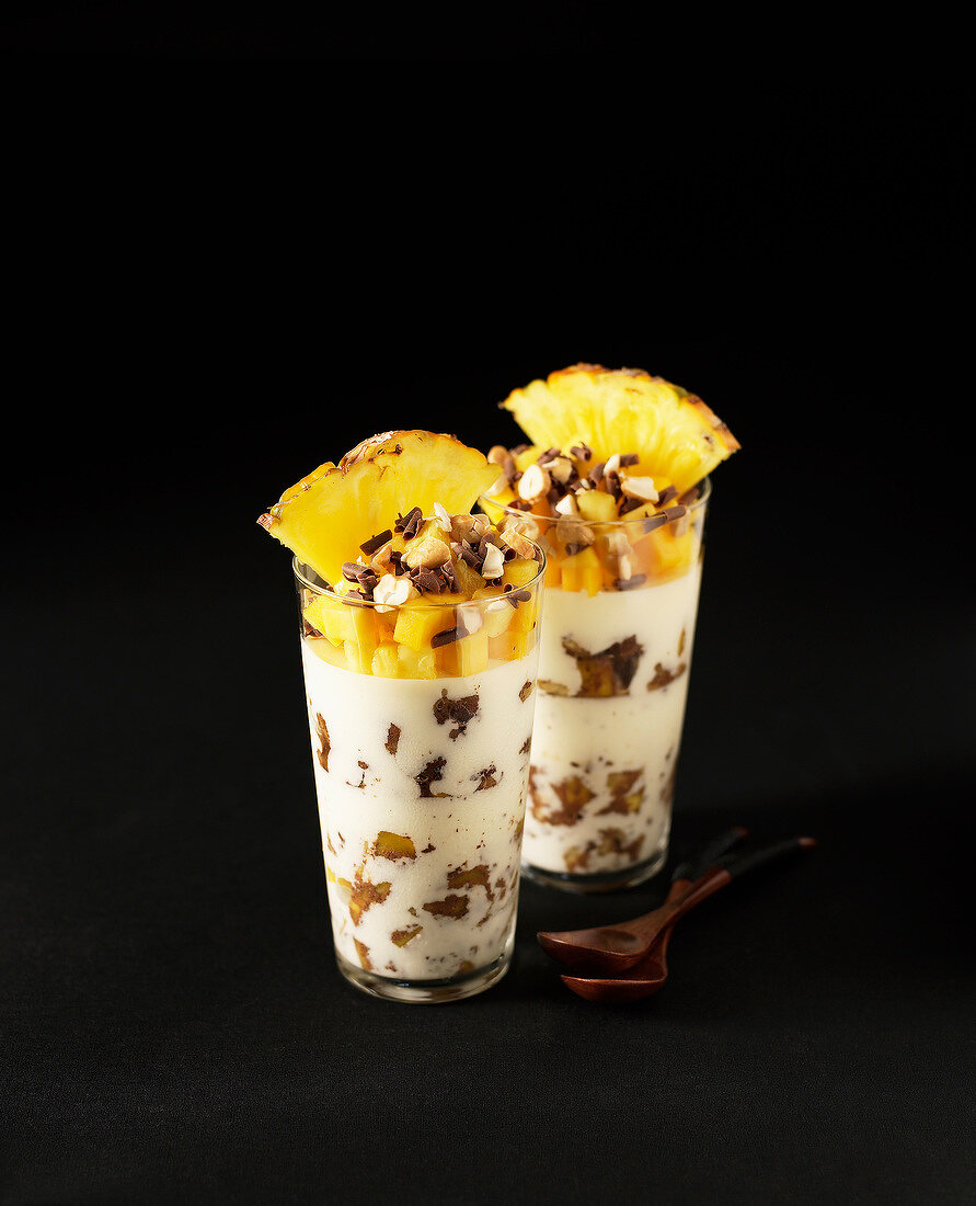 Panna cotta with pineapple,cashews and chocolate chips