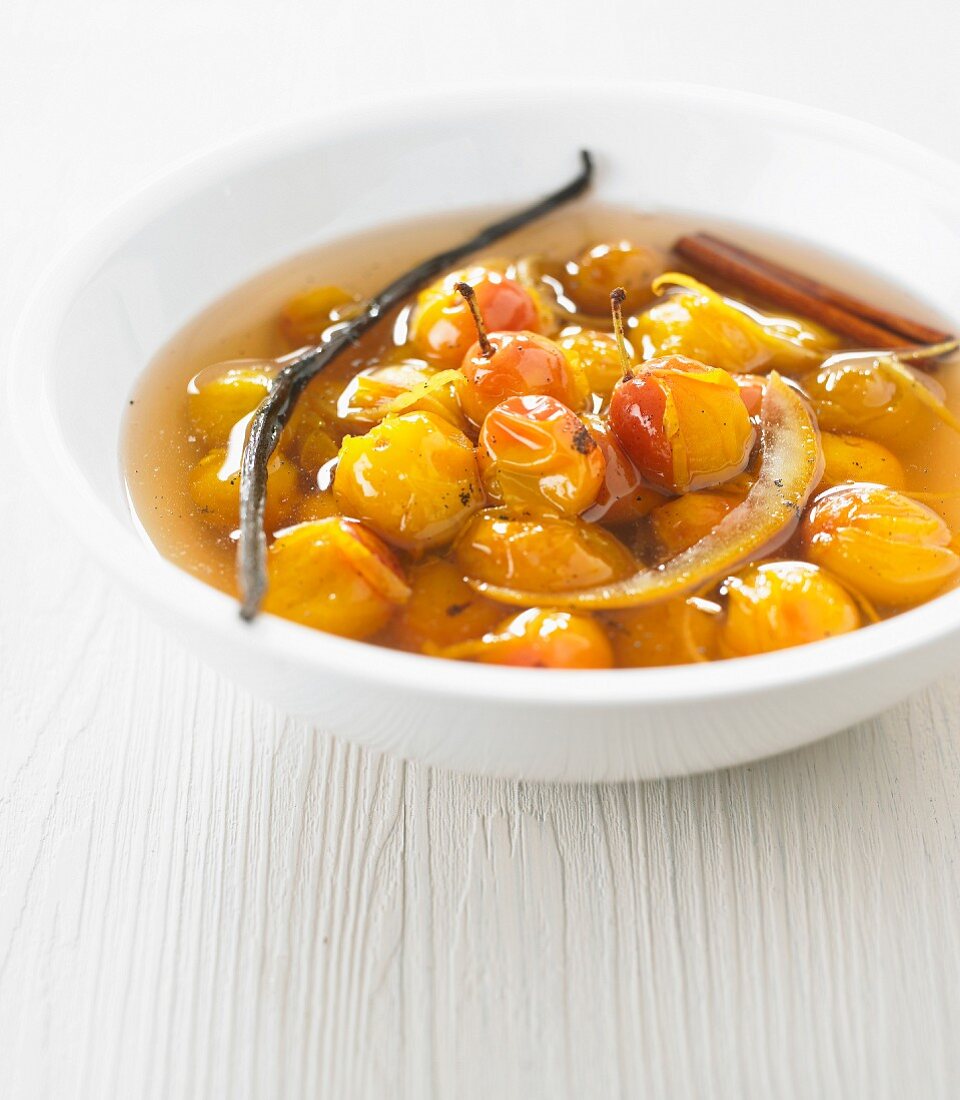 Spicy stewed mirabelle plums in their syrup