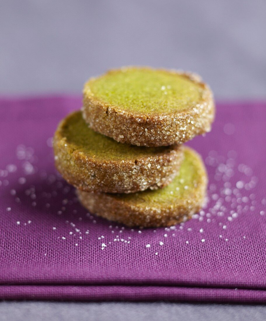Green tea shortbread cookies coated with crystallized sugar