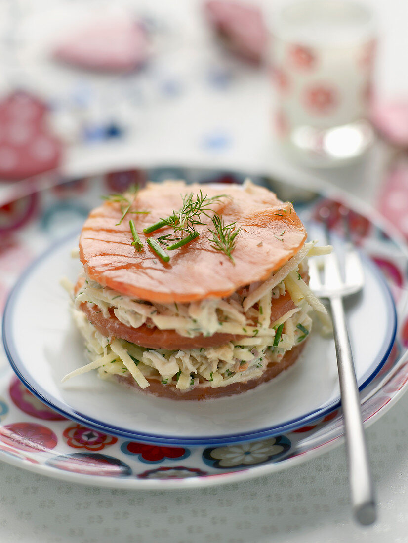 Crab meat,apple and smoked salmon Mille-feuille