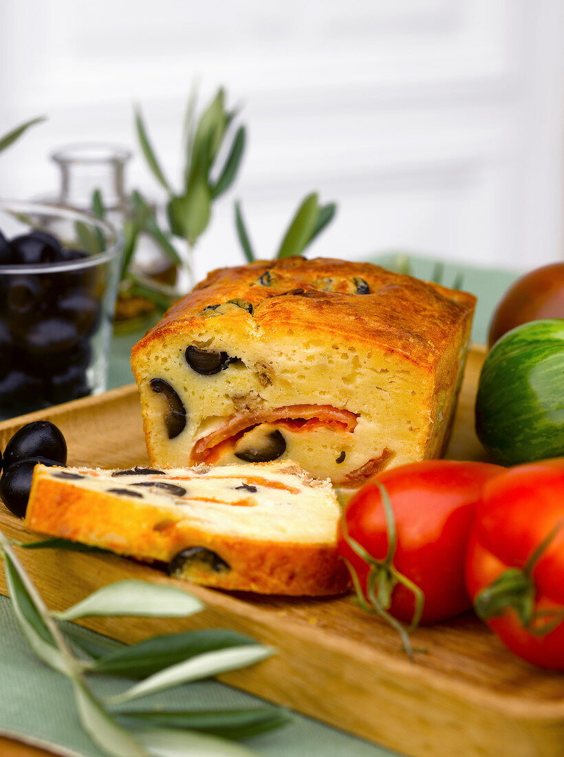 Tomato,olive and anchovy savoury cake