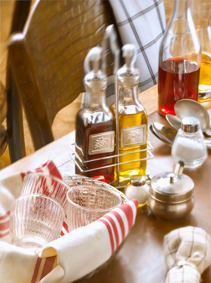 Bottle of oil and vinaigar on a table in a Bistrot